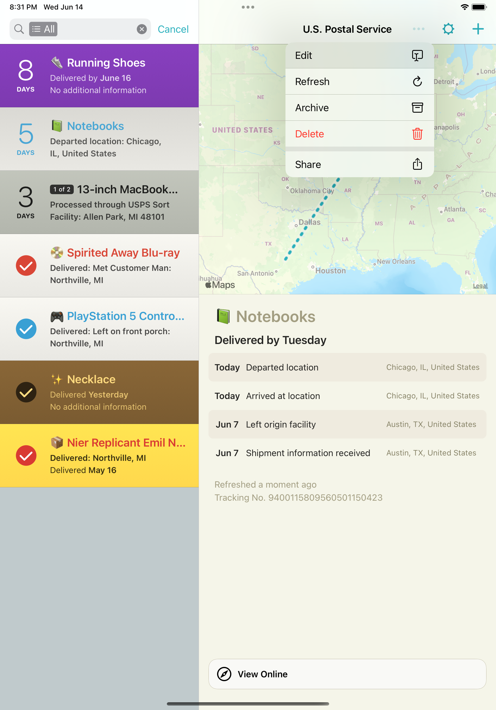 Deliveries for iPad screenshot